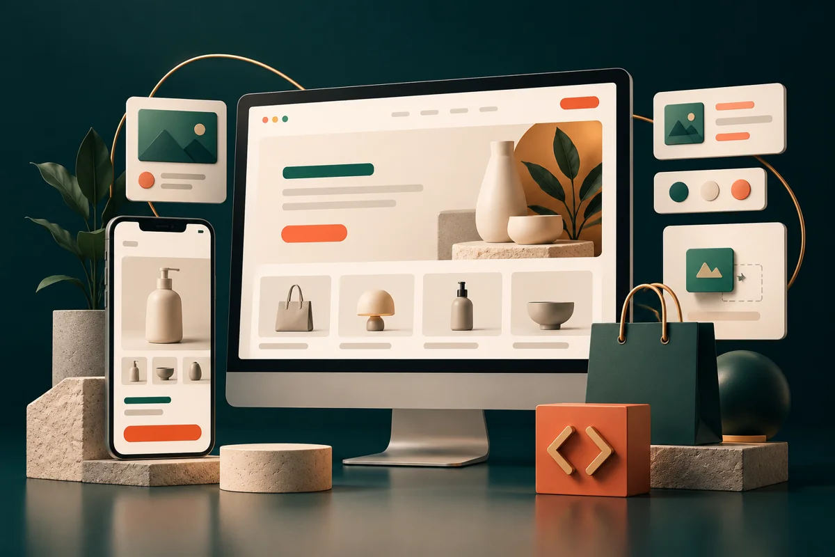 Original illustration of a modular ecommerce storefront on desktop and mobile