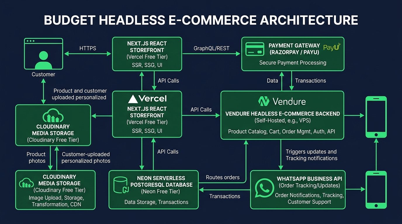 Vendure GraphQL and Next.js headless e-commerce architecture schematic
