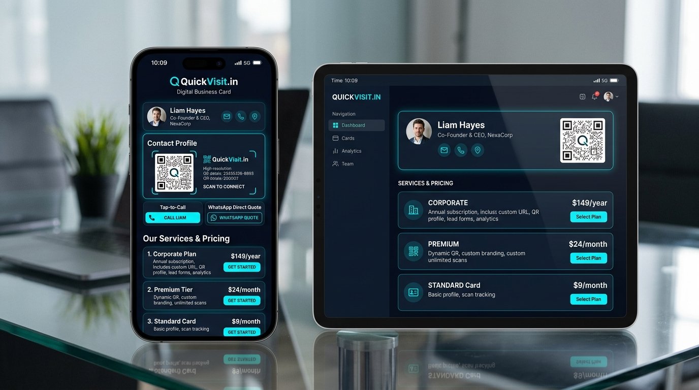 QuickVisit AI Digital Visiting Card smartphone and SaaS dashboard mockup.